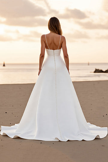 White A Line Long Wedding Dress with Slit
